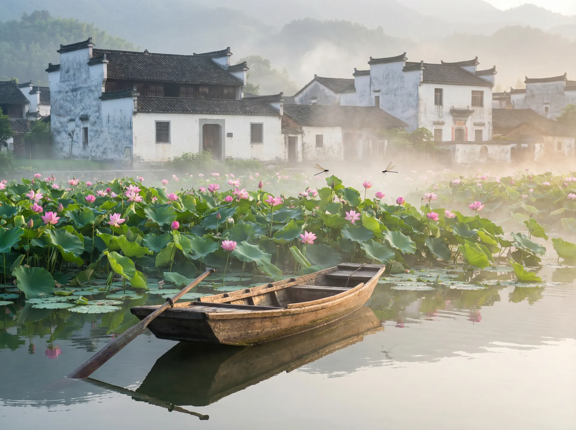 清晨荷塘小舟，粉色荷花盛开，白墙黑瓦的村庄 - 国产视频 水乡风情
